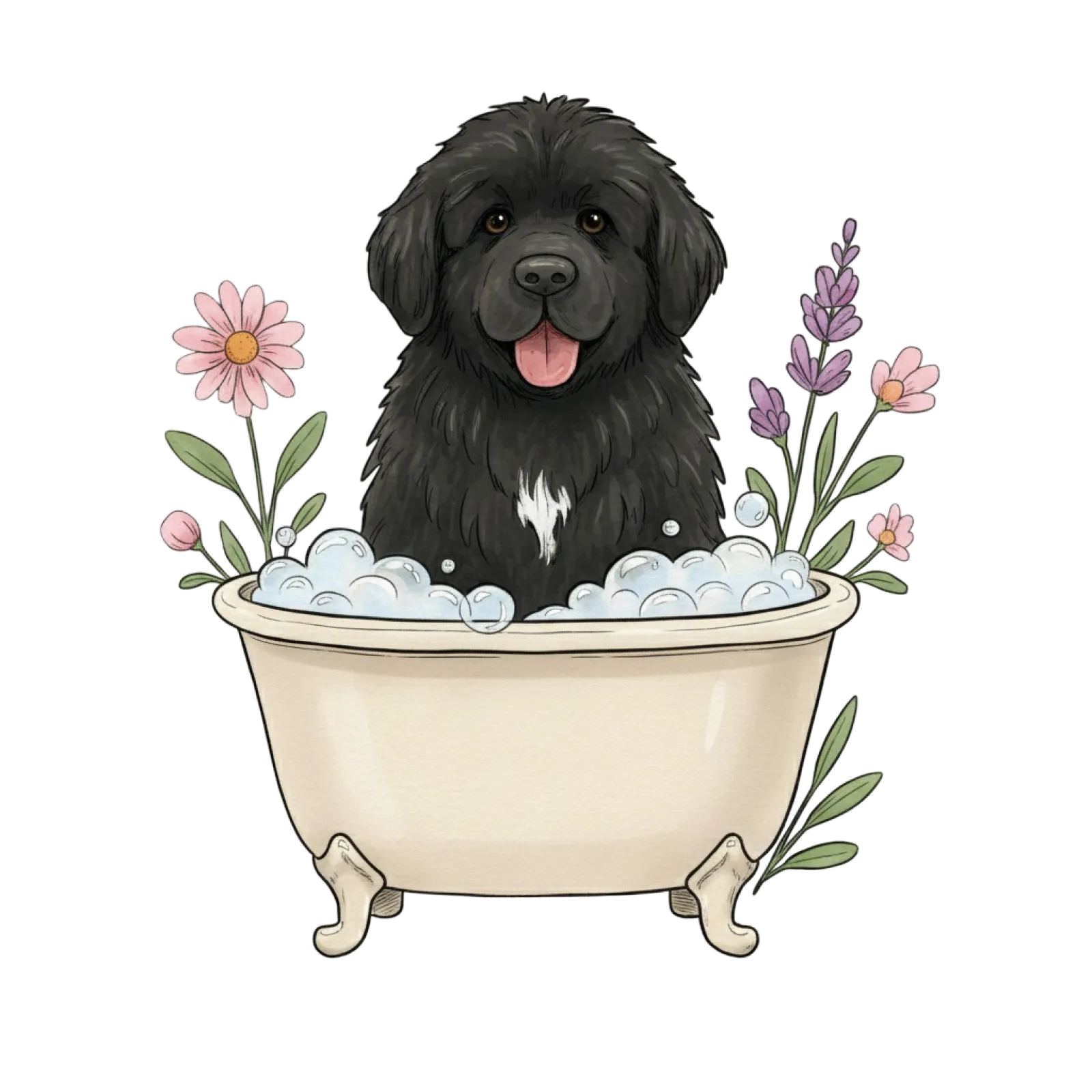 Ilustración de Ova, la Terranova de Nerea, dándose un baño de espuma en una bañera rodeada de flores